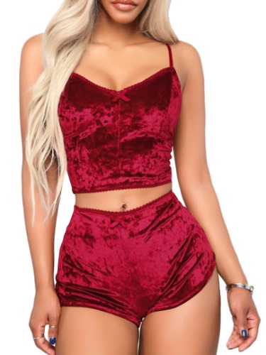 Dlsave Sexy Pajamas Set for Women Velvet Lingerie Sleepwear Cami and Shorts Nightwear 2 Piece Camisole Sets Strappy Babydoll - Medium Red