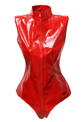 Bslingerie Sexy Black Wet Look Faux Leather Teddy Bodysuit Outfit - Small Red