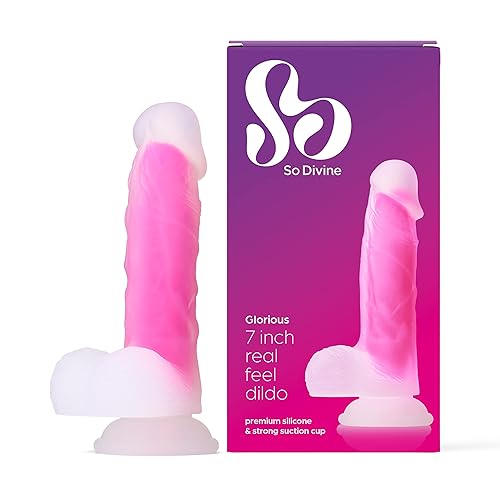 So Divine Glorious 7 Inch Real Skin Feel Soft Body Safe Silicone Dildo. Ribbed Shaft & Swollen Head Suction Cup Dildo for Hands Free Play. Strap-on & Harness Compatible. Perfect for Men Or Women Pink
