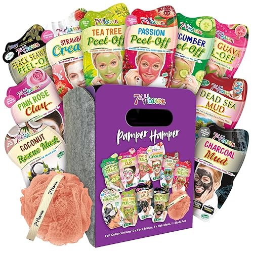 7th Heaven Pamper Hamper Skincare Set - 9 x Face Masks Skincare, 1 x Hair Masks for Dry Damaged Hair and 1 x Body Puff - Gift Set of Peel Off Face Masks & Clay Face Mask Sachets - Skincare