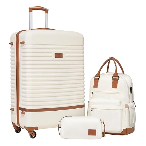 COOLIFE Suitcase Trolley Carry On Hand Cabin Luggage Hard Shell Travel Bag Lightweight with TSA Lock,The Suitcase Included 1pcs Travel Backpack and 1pcs Toiletry Bag (White/Brown, 28 Inch Luggage Set) - 28 Inch Luggage Set - White/Brown