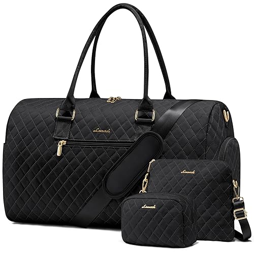 LOVEVOOK 3Pcs Travel Bag Gym Bag for Women, Weekend Hand Luggage Duffel Bag with Shoe Compartment & Wet Pocket for Sports, Waterproof Carry on Holdall for Plane, Large Hospital Overnight Bag, Black - Black-3pcs