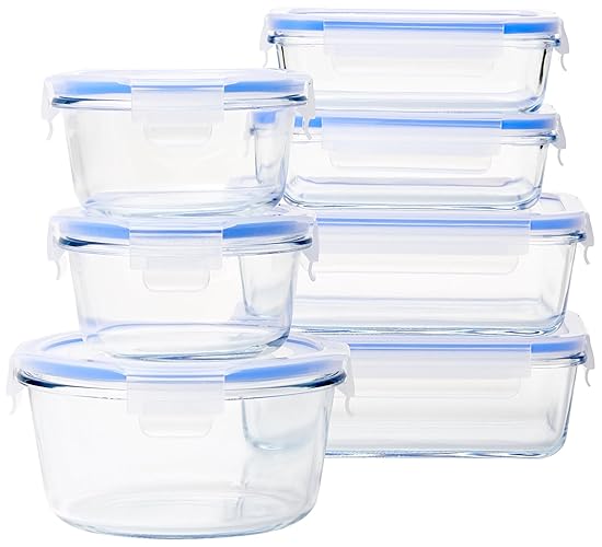 Amazon Basics Leak-Proof Glass Locking Lids Food Storage Containers, 14-Piece Set, 7 Count of Bases and 7 Plastic Lids, Clear, Blue, BPA Free, Dishwasher & Microwave Safe, for Meal Prep & Freezer - 14-Piece