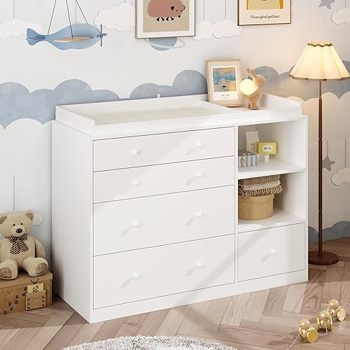 ROMSHINE Nursery Dresser with Baby Changing Table, Diaper Changing Tables for Nursery with 5 Drawers & Shelves, Changing Station Nursery Organizer for Bedroom, White  (47.6" W x 19.7" D x 36.1" H)