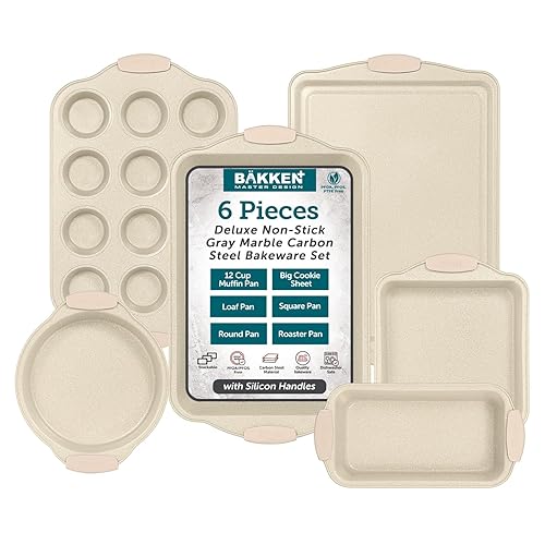 BAKKENMASTER 6-Piece Deluxe Nonstick Baking Pan Set - Professional Grade Carbon Steel Bakeware with White Marble Coating & Silicone Handles - 6 Piece Set - White Marble