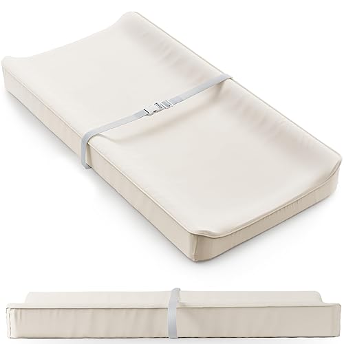 Soft Baby Diaper Changing Pad with Cotton Cover - Waterproof Changing Table Topper with Washable Cover and Safety Straps Fits All Standard Dressers - The Perfect Pad for Your Baby Girl or Boy - Beige