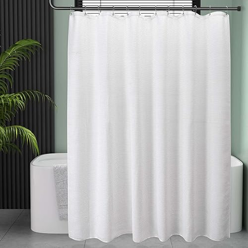 AmazerBath White Shower Curtain Fabric, Waffle Shower Curtain Polyester, Luxury Cloth Shower Curtains for Bathroom, Hotel Quality, Machine Washable, Heavy Duty, 72 x 72 Inches (Matt White) - Matt White - 72"W x 72"L (Pack of 1)