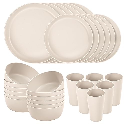 EI 24pcs Wheat Straw Dinnerware Set,Beige Wheat Straw Plates,Reusable Plastic Plates,Unbreakable Dinner Plates,Deep Dinner Hard Premium Plastic Plates,Kitchen Plates for Camping,Picninc,Family Dinner - 24pcs Beige Wheat Straw Plates and Bowls Cups