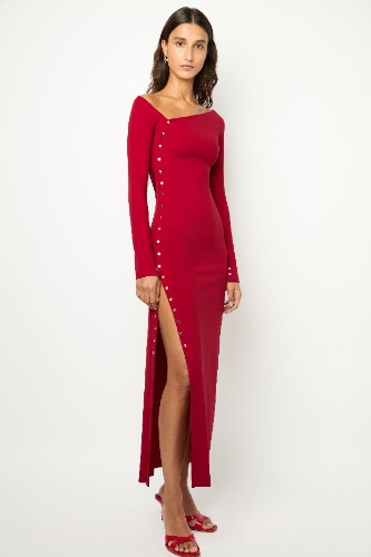 ASYMMETRICAL WRAP LONG DRESS in cherry red | 36
