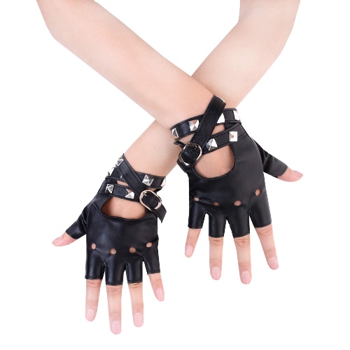 JISEN Women PU Leather Punk Gloves Rivets Belt Up or Snap Half Finger Performance Mittens