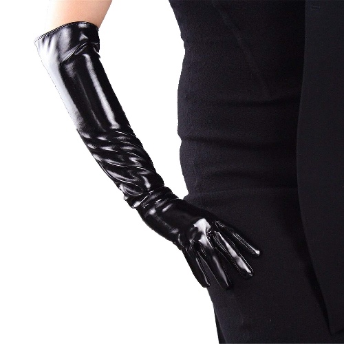DooWay Women's Long Latex Gloves Shine Faux Patent Leather Smooth Wet Look 20" for Evening Costume Dress - Black