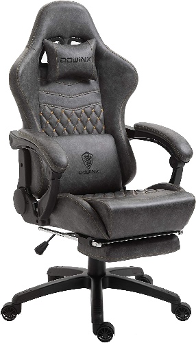 Dowinx Gaming Chair Office Chair PC Chair with Massage Lumbar Support, Vintage Style PU Leather High Back Adjustable Swivel Task Chair with Footrest Light Grey