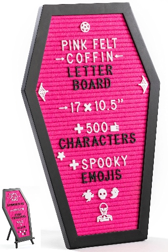 Nomnu Pink Felt Coffin Letter Board With Spooky Emojis - Spooky Goth Halloween Decor Message Board for Home - 17x10.5 Inches Letterboard, 500 White & Black Changeable Characters, Black Stand, Sawtooth Hanger - Pink