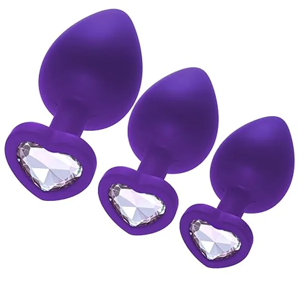 Hmxpls 3 Pcs 3 Sizes Silicone Anal Plugs, Jeweled Butt Plug, Anal Trainer Toys, Heart Butt Plugs, (White+Purple)
