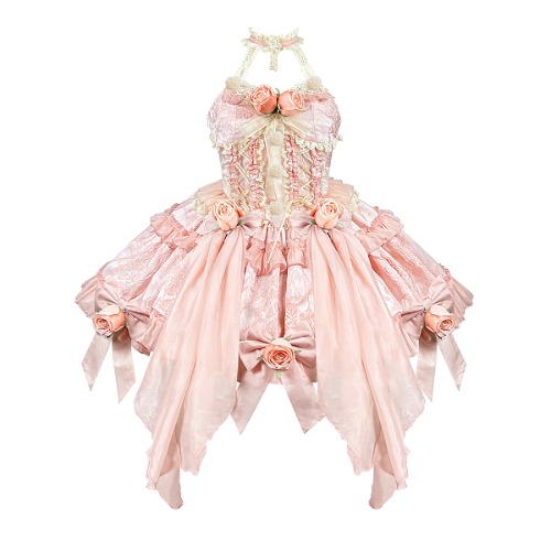 [$89.50]Light Pink Lonza Jewel Floral Design Halter Neck Ruffle Trim Lolita JSK