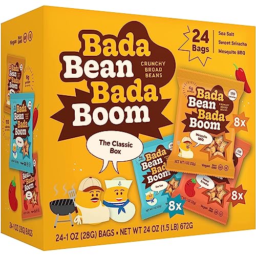 Bada Bean Bada Boom Plant-Based Protein, Gluten Free, Vegan, Crunchy Roasted Broad (Fava) Bean Snacks, 110 Calorie Packs, The Classic Box Variety Pack, 1 Ounce (Pack of 24) - Mesquite Barbecue, Sea Salt, Sweet Sriracha - 2.8 Ounce (Pack of 48)