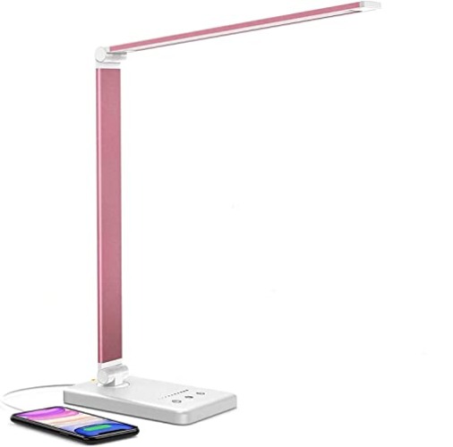 White crown LED Desk Lamp Dimmable Table Lamp Reading Lamp with USB Charging Port, 5 Lighting Modes, Sensitive Control, 30/60 Minutes Auto-Off Timer, Eye-Caring Office Lamp (Pink) - Pink