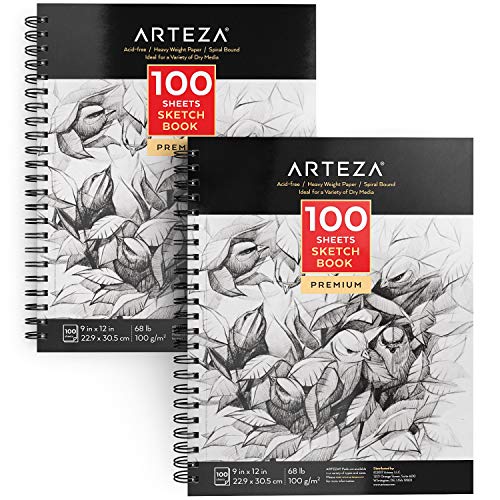 Arteza Sketch Book 2-Pack, 9x12 Inches, 200 Sheets, 100 Sheets Each Drawing Book, 68 lb, 100gsm Paper, Spiral Bound Artist Sketch Pad, Durable Acid Free Drawing Pad, for Adults and Teens, Bright White