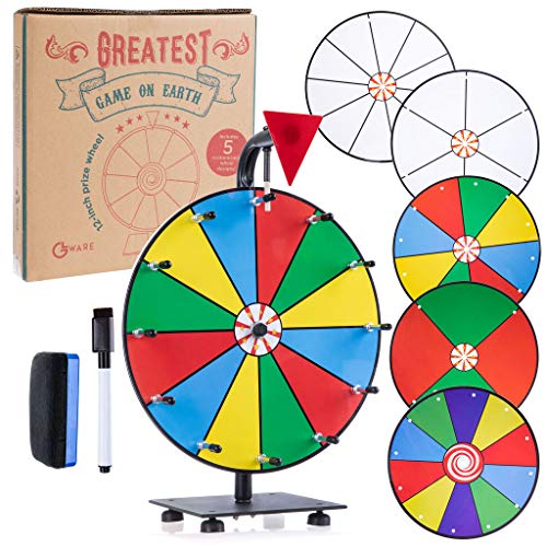 5 in 1 Tabletop Prize Wheel Spinner - 12" Carnival Games Smooth Spinning Wheel for Prizes, Raffle - Portable Dry Erase Spin the Wheel Game with Stand, Marker Pen & Eraser - Color & White Wheel Faces