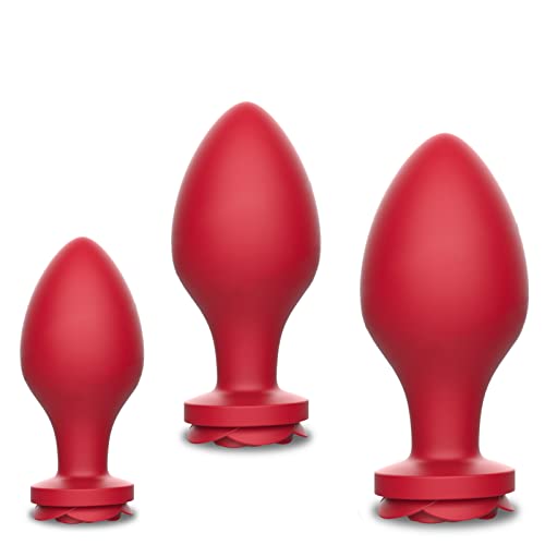 Fantasy Lover 3 Pcs 3 Size Silicone Anal Butt Plugs Rose Shaped Training Set Sex Toys Unisex Sex Gifts Things for Beginners Couples Large/Medium/Small - Red