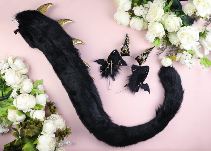 Catzo Dragon cat tail & ears set (black)