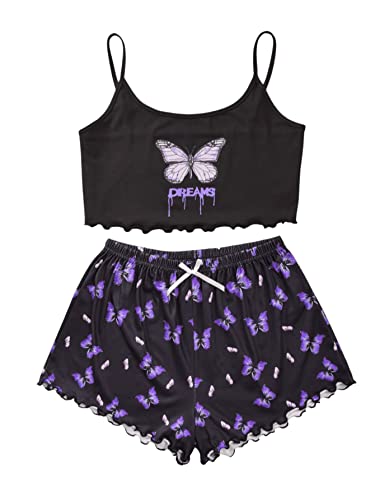 SweatyRocks Women's Summer Strawberry Print Cami Top and Shorts Sleepwear Pajamas Set - X-Large - Black Purple Butterfly