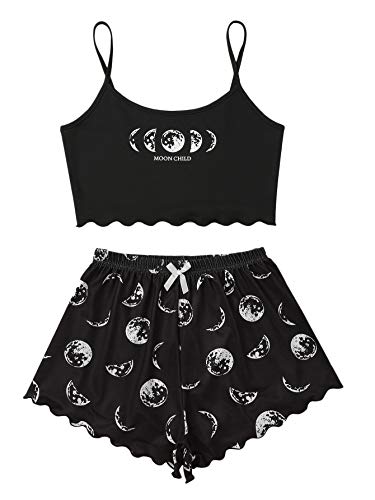 SweatyRocks Women's Summer Strawberry Print Cami Top and Shorts Sleepwear Pajamas Set - X-Large - Moon Black