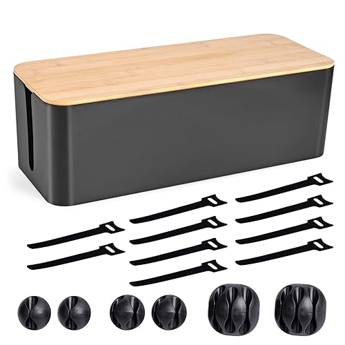 Cable Management Box - Wooden Style Large Cord Organizer Box to Hide Wires & Power Strips | Desk Computer Cable Organizer Box | Safe ABS Material |16" (L) x 6.2" (W) 5.3" (H)|for Home & Office - Black - Large