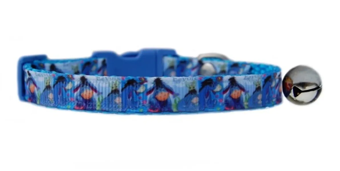 Handmade BLUE PINK "EEYORE " safety kitten cat collar  bell 3 sizes Winnie  the Pooh