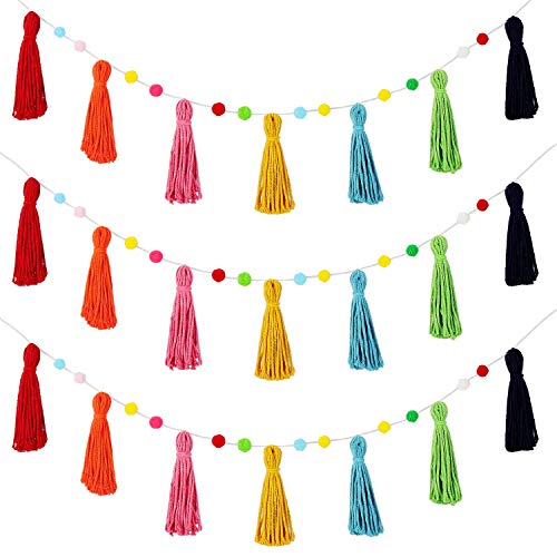 3 Pieces Colorful Rainbow Tassel Garland Pom Pom Garland Boho Tassel Garland Classroom Each 50 Inch Colorful Tassel Garland Banner Decorative Wall for Baby Kids Shower Christmas Decor (Bright Colors) - Bright Colors