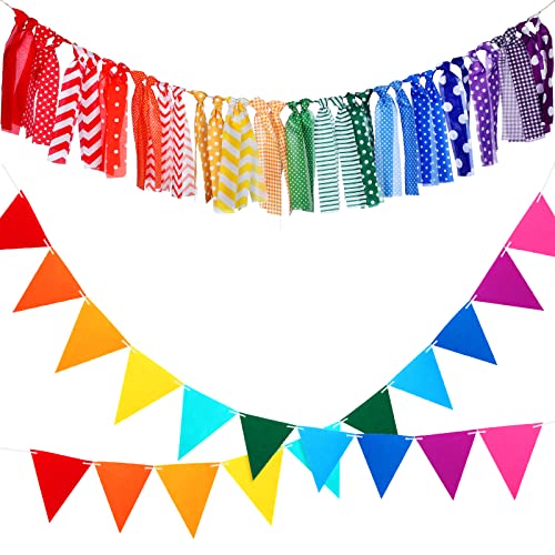3 Sets Rainbow Birthday Garland Including Rainbow Banner Colorful Striped High Chair Banner and 2 Rainbow Felt Fabric Pennant Banners Classroom Decoration for Multicolor Theme Party Decor