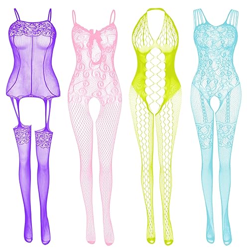 Women's Lace Stockings Lingerie Floral Fishnet Bodysuits Lingerie Nightwear for Romantic Date Wearing - 4 Pcs: Bright Color