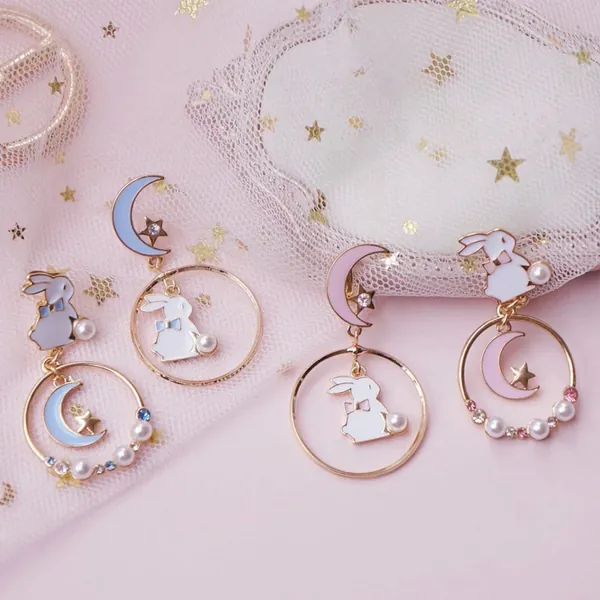 Rabbit earrings, Moon and star earrings, Bunny earrings, Japanese Style Earrings, Pierced or Clip On, cute animal earrings