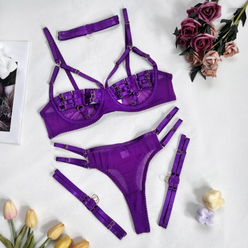 "Doll Face" 5pcs Lingerie Set | Purple / S