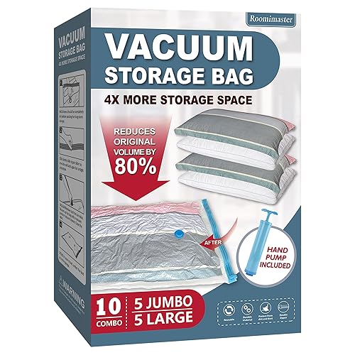 Vacuum Storage Bags, 10 Combo (5 Large/5 Jumbo) Space Saver Bags Vacuum Seal Bags with Pump, Space Bags, Vacuum Sealer Bags for Clothes, Comforters, Blankets, Bedding - 10 Combo