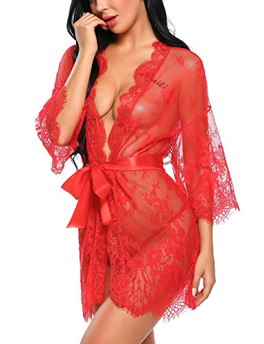 Avidlove Women's Lace Kimono Robe Babydoll Lingerie Mesh Nightgown S-5XL - Red - Large