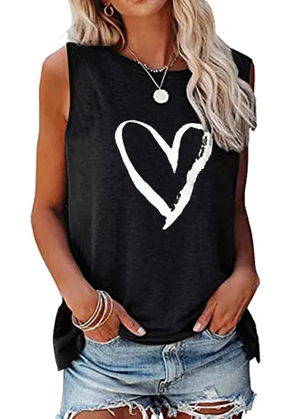 MAGICMK Women Summer Casual Sleeveless Tank Tops Crew Neck Graphic Basic Black Shirts - Black+white Large