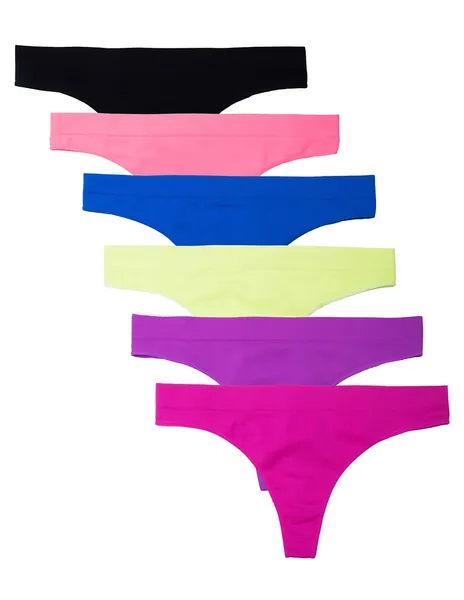 Kalon Women's 6 Pack Nylon Spandex Thong Underwear - Neons Large