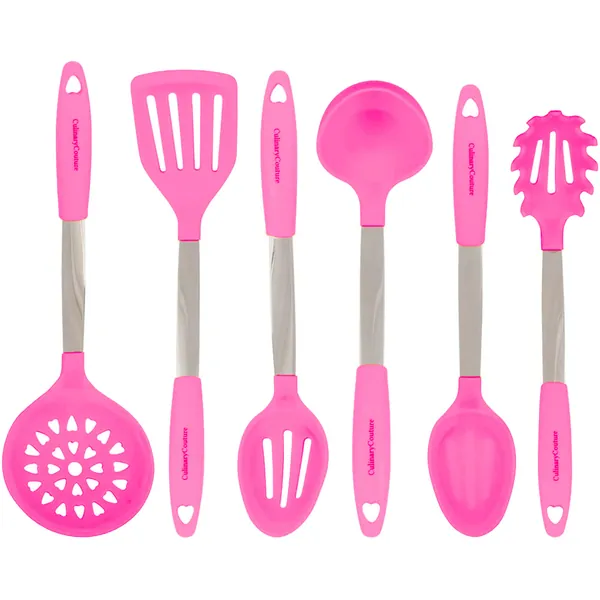 Culinary Couture 6-Piece Stainless Steel & Silicone Kitchen Utensils Set, Silicone Cooking Utensils, Heat Resistant Kitchen Cooking Utensils Set, Includes a Bonus Recipe E-Book, Pink - Pink