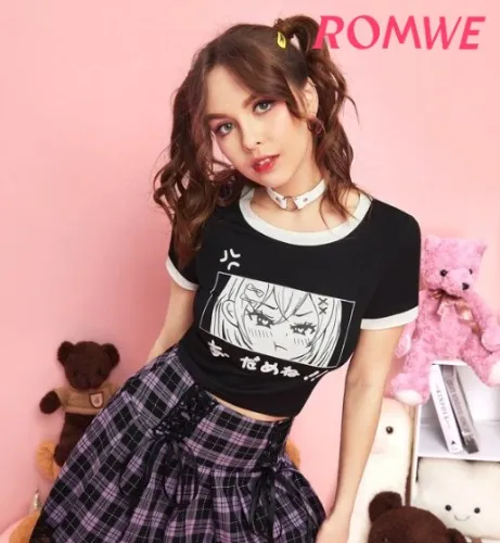 ROMWE Anime Comic Graphic Contrast Binding Crop Tee | SHEIN USA
