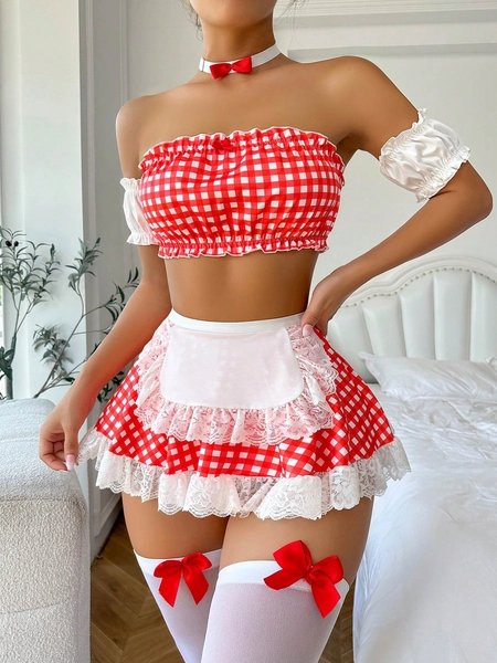 Gingham Print Contrast Lace Maid Costume Set With 1pair Stocking