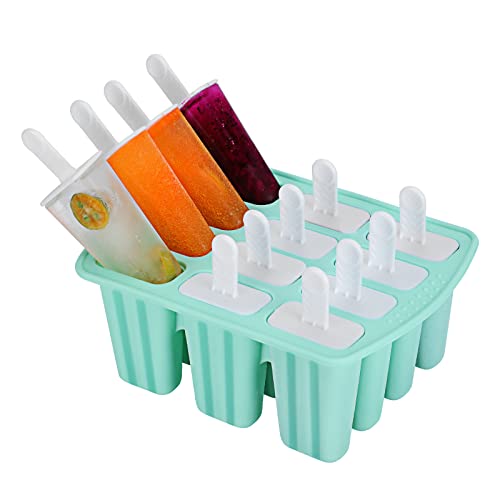 Ice Popsicle Moulds, TAIYUNWEI Ice Cream Molds with 12 Cavities, FDA Certified Food Grade Silicone Ice Lolly Moulds with Sticks, Reusable-Easy to Release-Popsicle Moulds - Green-12