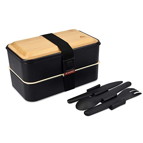 Navaris Bento Box - Leakproof 2 Tier Bento Lunch Box with 3 Piece Cutlery and Bamboo Lid for On-the-Go, Meal Prep, Snack Packing - Black - Black