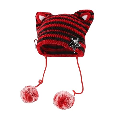 Women Y2K Cat Ear Beanie Hat with Pom Poms Star Accessories Goth Grunge Crochet Knitted Slouchy Skully Caps Alt Emo Clothes - 7-7 1/8 - Red-black