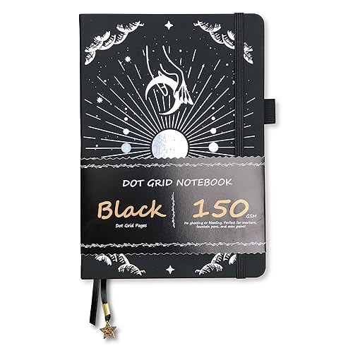 BUKE Dotted Journal - 150gsm Black Paper - 5 * 5mm DOT GRID Layout 160 Pages - A5 Size PU Leather Hardcover Drawing Sketch Notebook (Black) - Black