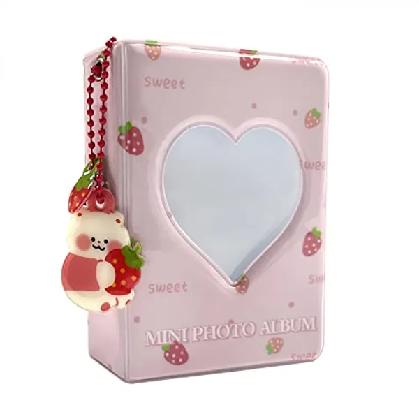 3 Inch Mini Photo Album, Heart Hollow Card Binder Photo Album Kpop Photo Card Holder with Pendant 40 Pockets (pink strawberry)