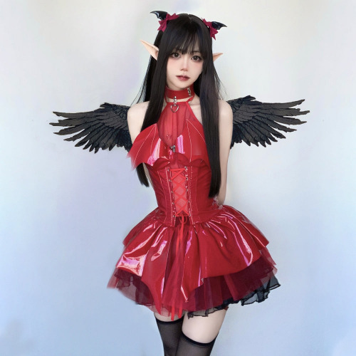 Latex Succubus Lingerie: Gothic Halloween - Red / L