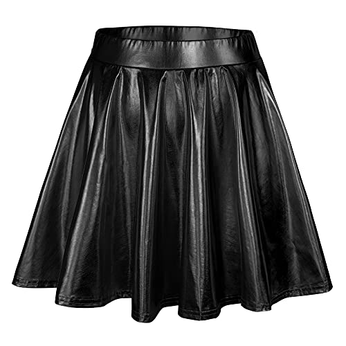 American Trend Womens Mini Skirt Pleated Flared Skater Skirt Metallic Skirt Athletic Tennis Skirt - Large - Shiny Black