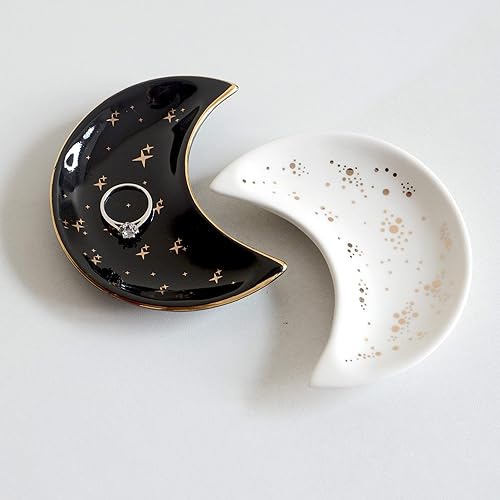 BIHOIB Small Moon Jewelry Dish Tray, Set of 2, Decorative Ceramic Trinket Dish, Modern Accent Tray for Vanity (White and Black) - White and Black