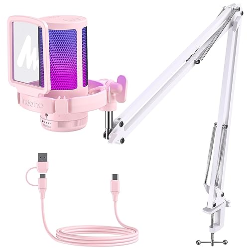 MAONO Gaming USB Microphone, Noise Cancellation Condenser mic with Mute, Gain, Monitoring, Boom Arm, Pop Filter for Streaming, Podcast, Twitch, YouTube, PC, Computer, PS4/5, Mac (Pink) - Pink